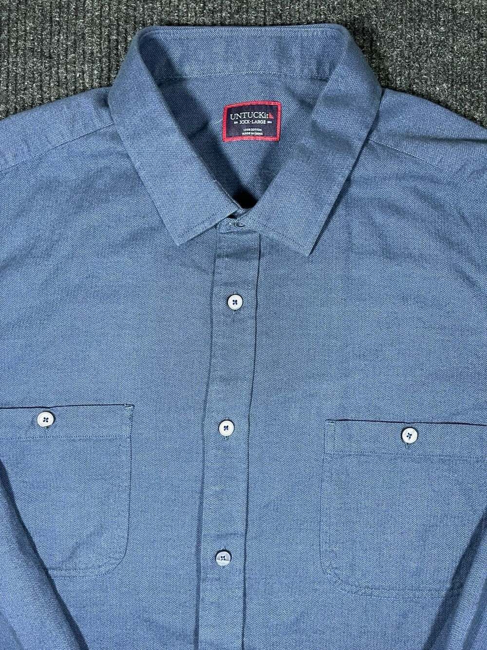 UNTUCKit Long Sleeve Button-Up Shirt XXX-Large Blue Herringbone Cotton Flannel